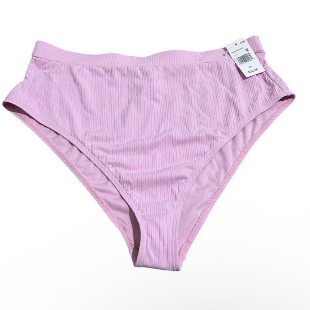 Wallflower Womens Size 1X Ribbed Swim Bikini Bottom Pink High Waist UPF 50+